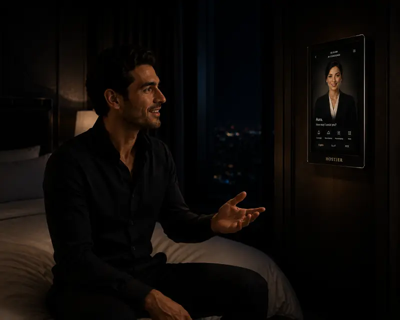 A guest asking Aura a question by voice