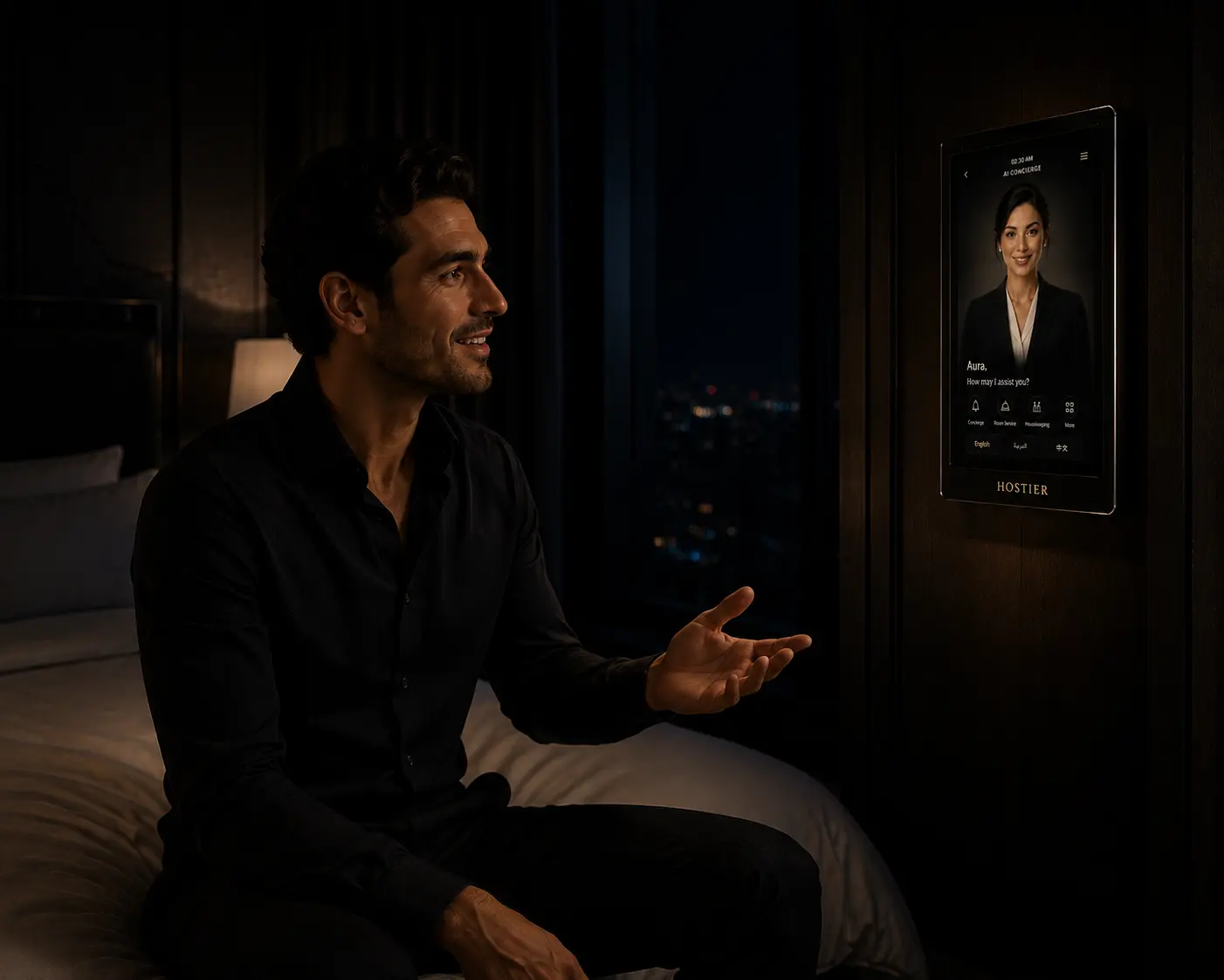 The same guest relaxed, talking to the AI concierge Aura on the in-room tablet