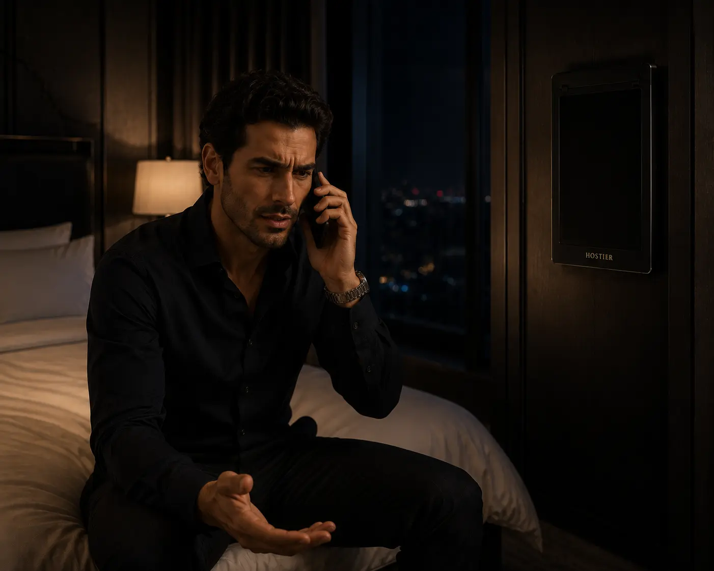 A hotel guest alone at night, calling reception in frustration