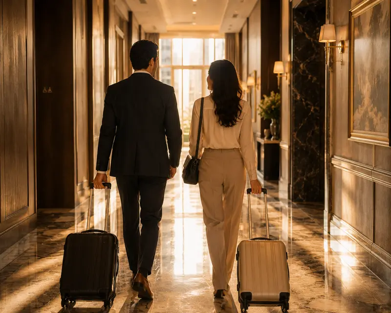 A couple with suitcases walking down a hotel corridor