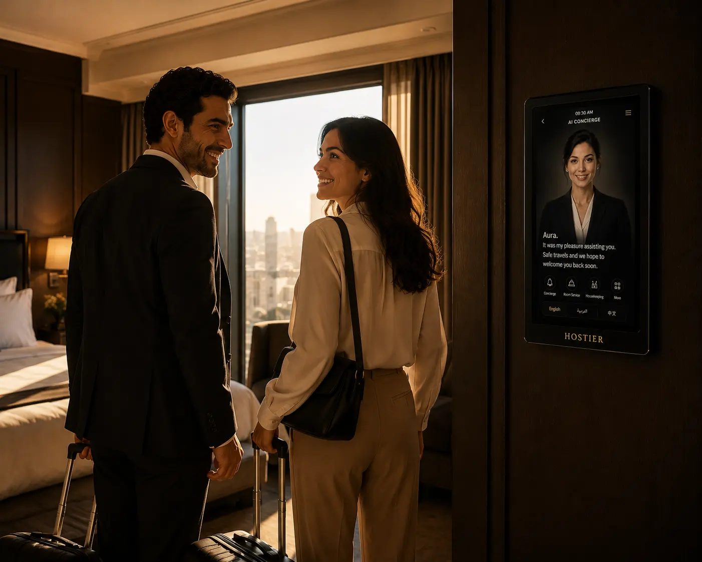 A couple returning to their hotel room, with Aura waiting on the tablet