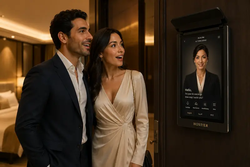 Guests of a luxury hotel looking at the AI concierge Aura by the room door