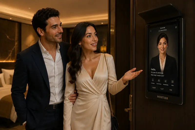 The AI concierge Aura greets a couple as they enter the room