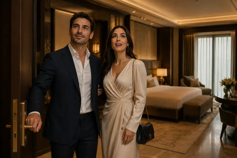 A couple stepping into their stay on their own, no host waiting at the door
