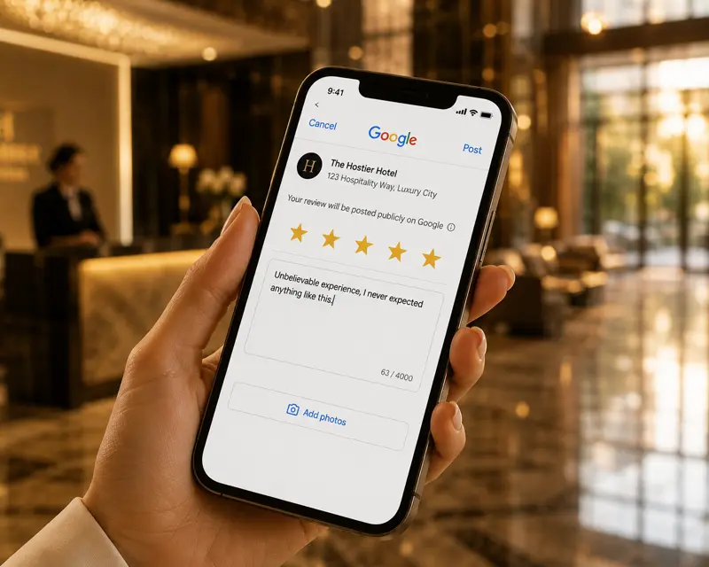 A happy guest leaving a five-star review