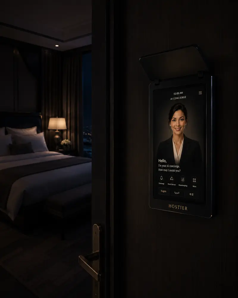 The tablet with Aura in a quiet, dark hotel room