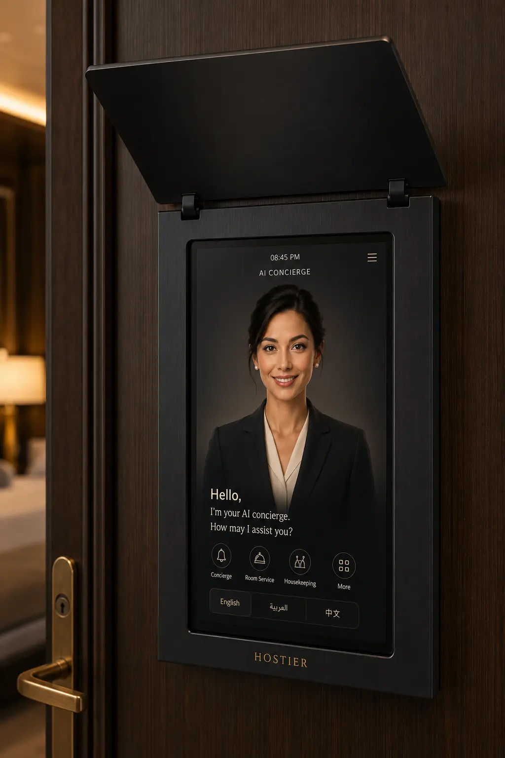 An in-room hotel tablet in a premium frame, with a cover over the camera